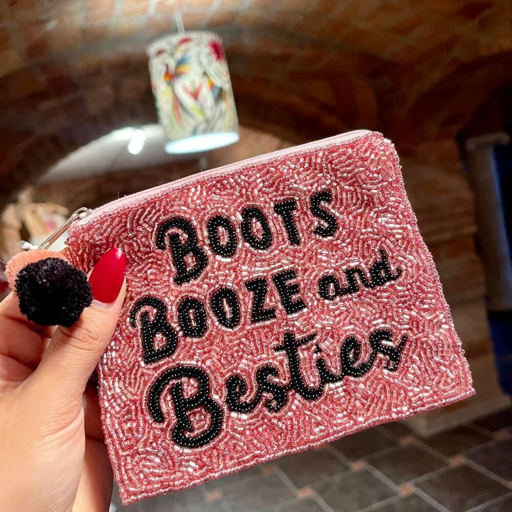 Western Cowgirl BOOTS BOOZE BESTIES Pink Sparkle Beaded Coin Pouch Lipstick Bag